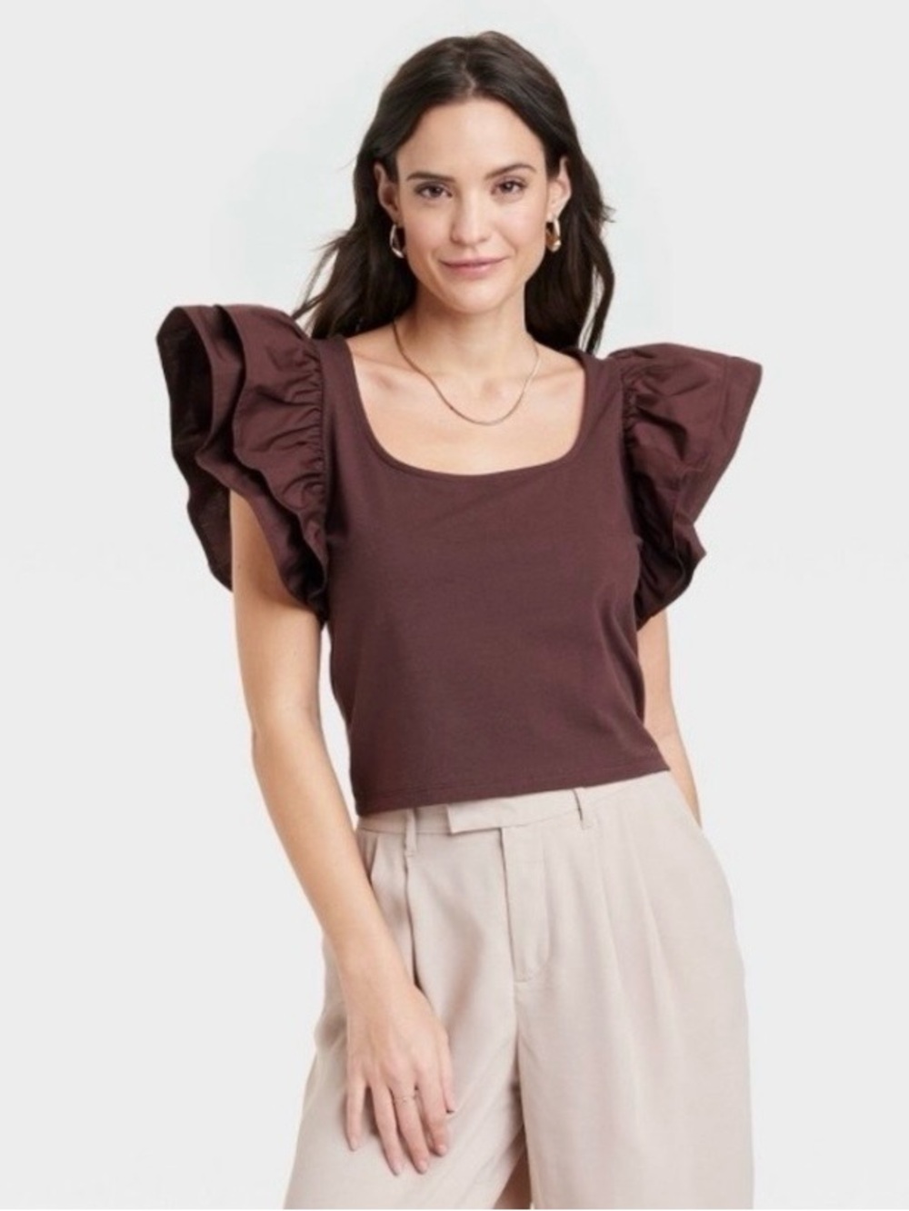 a new day Chocolate Brown Ruffle Sleeve Scoop Neck Tank